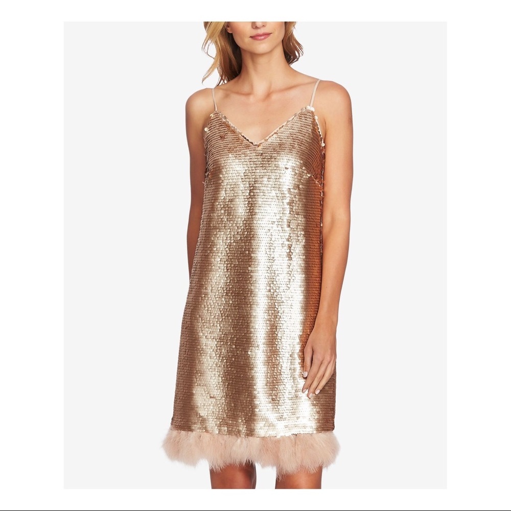 CeCe by Cynthia Steffe Feather Trim Sequin Dress